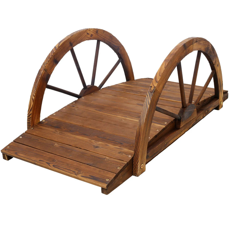 Wooden Garden Bridge Arc Footbridge With Half Wheel Railings Solid Fi - Brown by HouseOfZazla