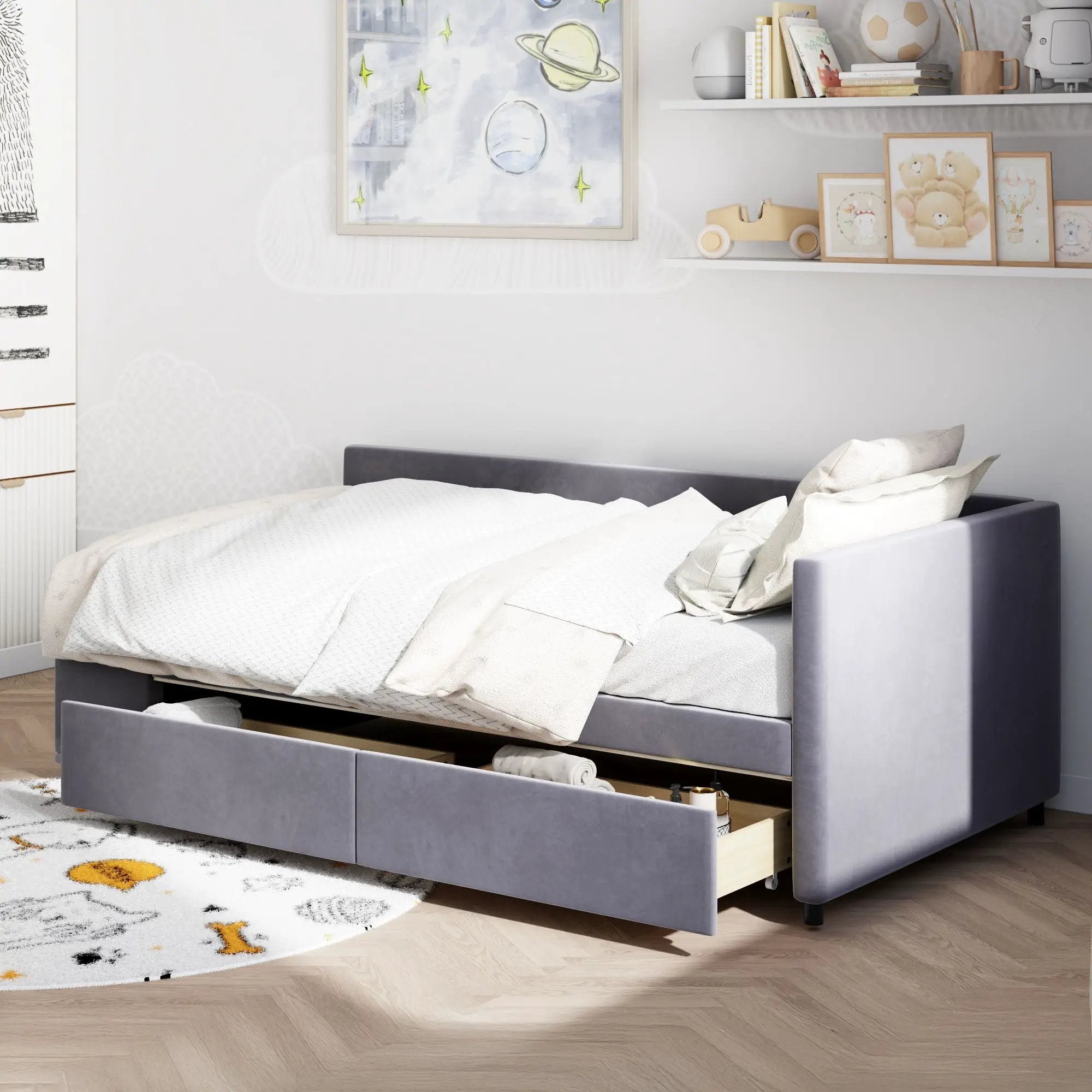 L Shaped Upholstered Platform Bed With Storage And Drawers by HouseOfZazla