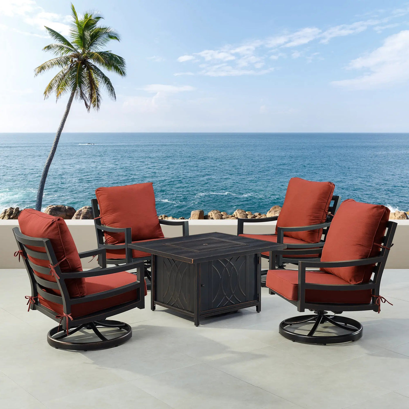 Black Aluminum Fire Table Set with Four Club Chairs by Sharicks