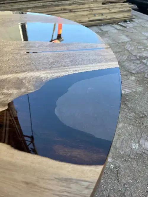 Custom Round Epoxy Resin Walnut Dining - Kitchen Table With Wood Base by Gizz