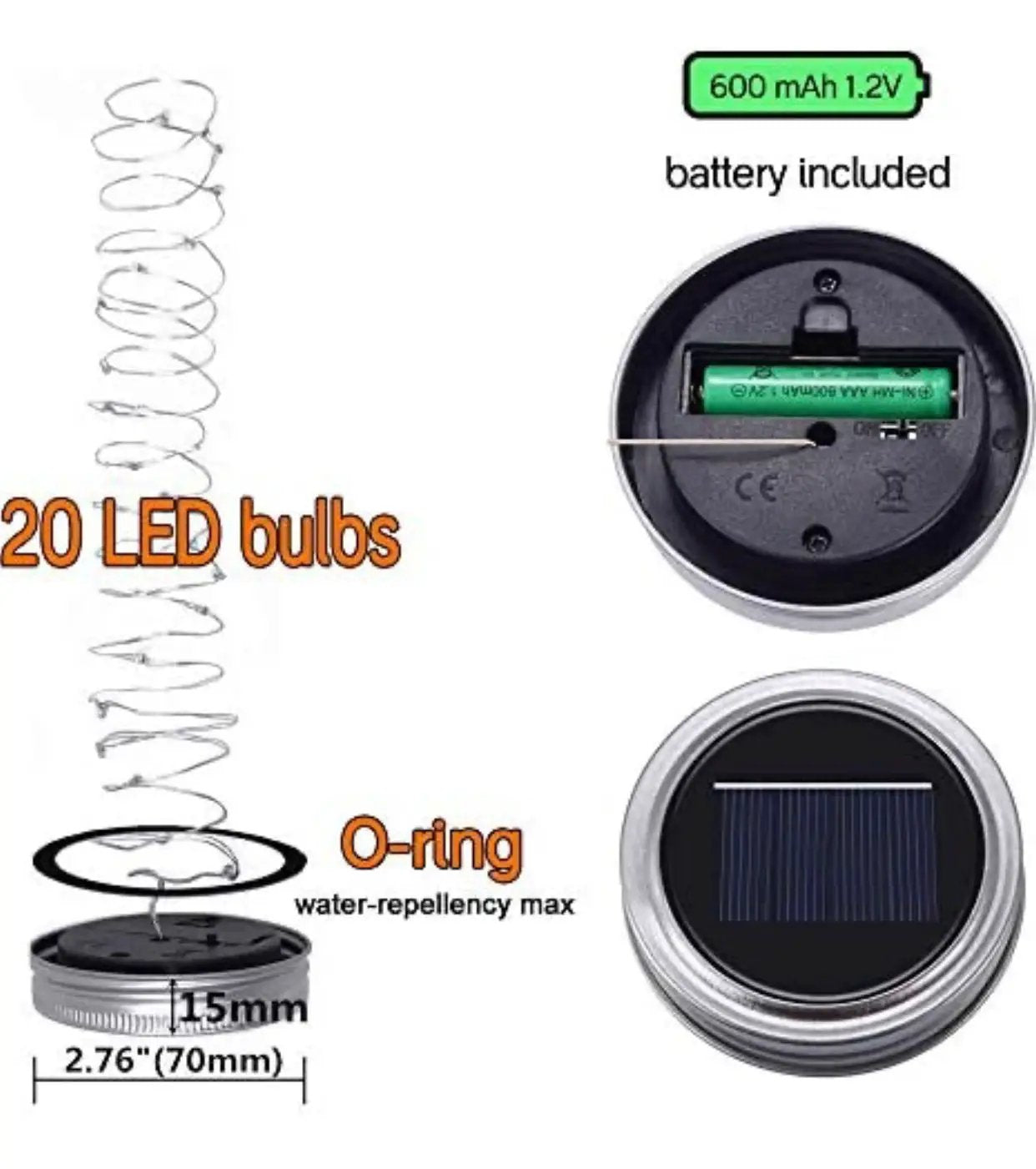 Davinci Solar Mason Jar Lights, 8 Pack 20 LED Fairy Jar Lids String Lights with Hangers by Outdoor Solar Outlet