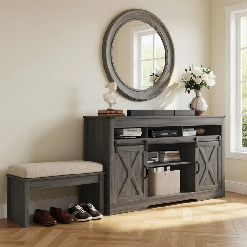 Farmhouse TV Stand With Sliding Barn Doors & Adjustable Storage by HouseOfZazla