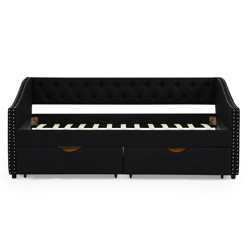 Upholstered Tufted Daybed With 2 Drawers, Waved Arms