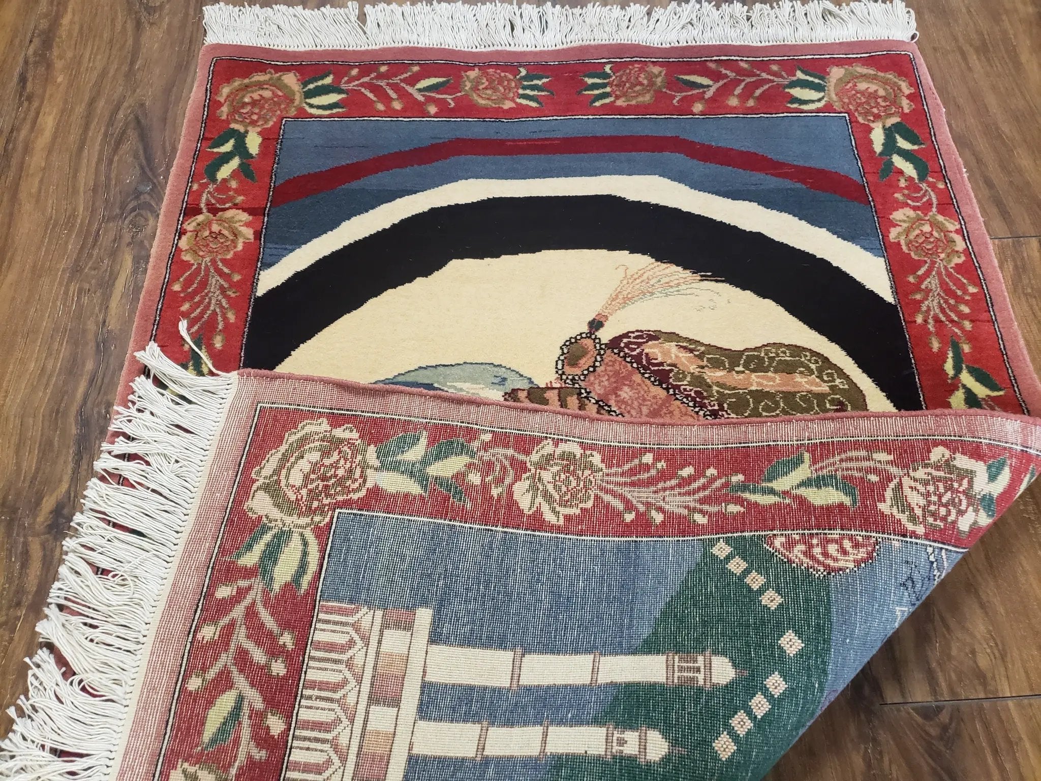 Vintage Small Pictorial Lovers Rug 2.5 x 4, Taj Mahal Indo Persian Rug, Wool Hand-Knotted Indian Rug, King & Queen, Layla and Majnun by Jewel Rugs