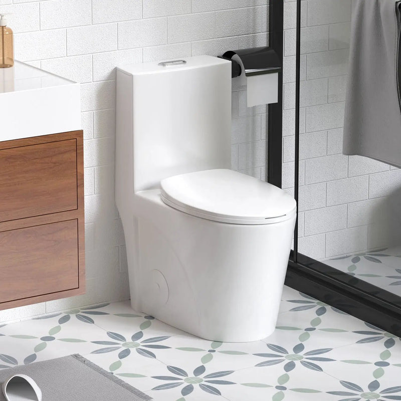Glossy Tornado Flush 1 Piece Toilet With Dual Flush, Soft Close Seat - Gloss White by HouseOfZazla