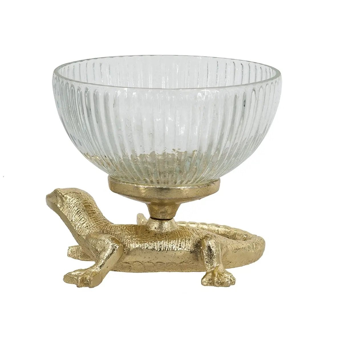 5x5x4.5' Gold Lizard Pedestal Bowl with Ribbed Glass Dish by HouseOfZazla
