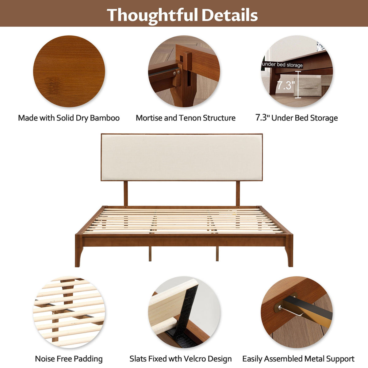 King Size Solid Dry Bamboo Platform Bed with Adjustable Headboard - Brown, photo 5 of 6