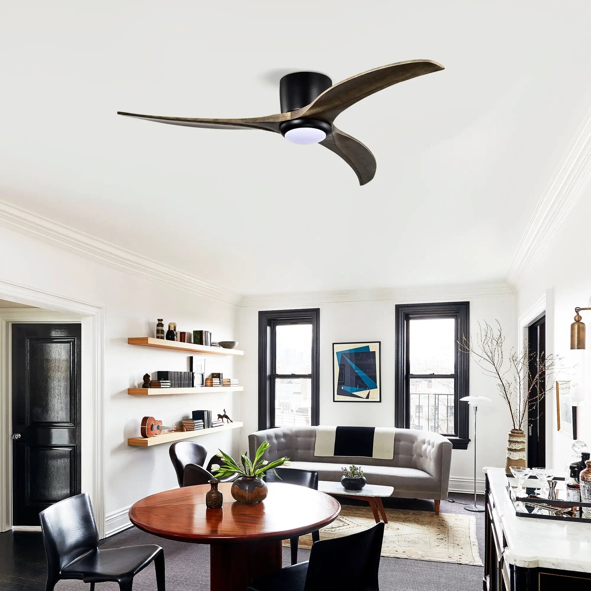 52" Flush Mount Solid Wood Blades Ceiling Fan with Lights and Remote Control by HouseOfZazla