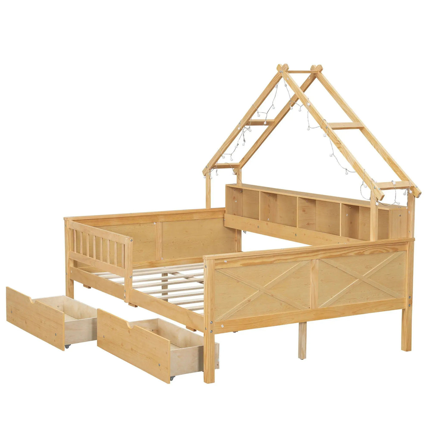 House Style Platform Bed With LED Lights, Storage Shelves, Drawers, And Guardrail by HouseOfZazla