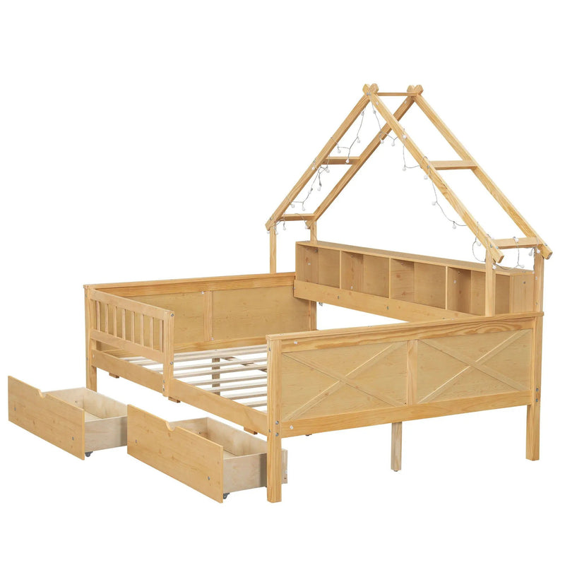 House Style Platform Bed With LED Lights, Storage Shelves, Drawers, And Guardrail by HouseOfZazla