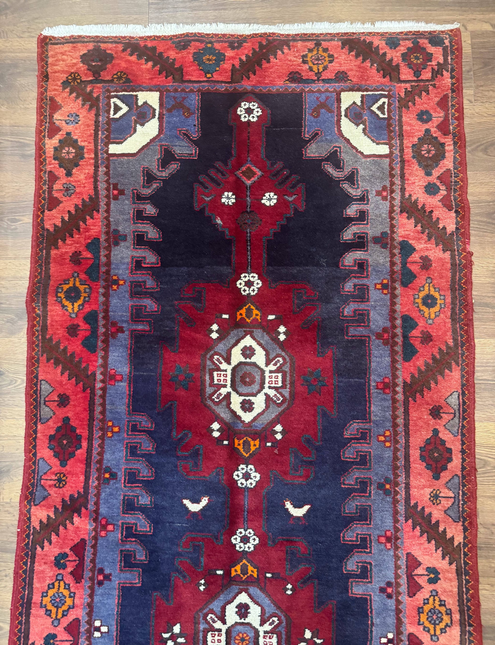 Persian Karajeh Runner Rug 3.6 x 9.5, Geometric Medallions, Tribal Village Rug, Navy Blue, Handmade by Jewel Rugs