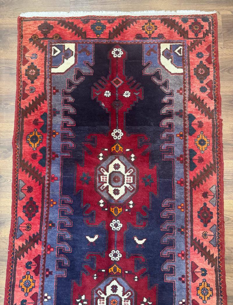 Persian Karajeh Runner Rug 3.6 x 9.5, Geometric Medallions, Tribal Village Rug, Navy Blue, Handmade by Jewel Rugs