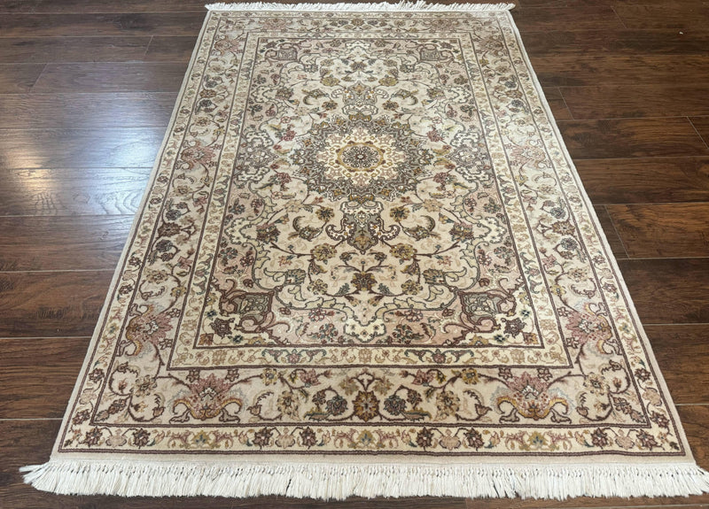Pak Persian Rug 4x6, Floral Medallion, Beige, Wool and Silk Highlights, Vintage Handmade Rug by Jewel Rugs
