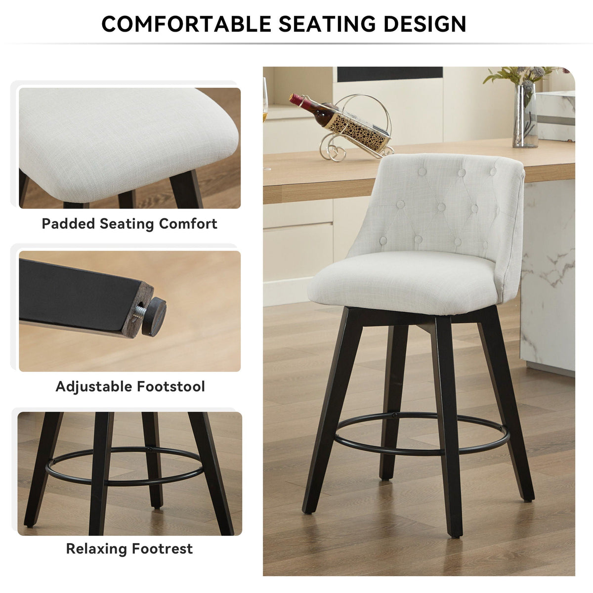 Swivel Bar Stools with Button Tufted Back - White, photo 11 of 12