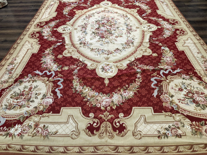 Aubusson Rug 8x11, Needlepoint Carpet, Red Ivory Beige, Vintage, French European Design by Jewel Rugs