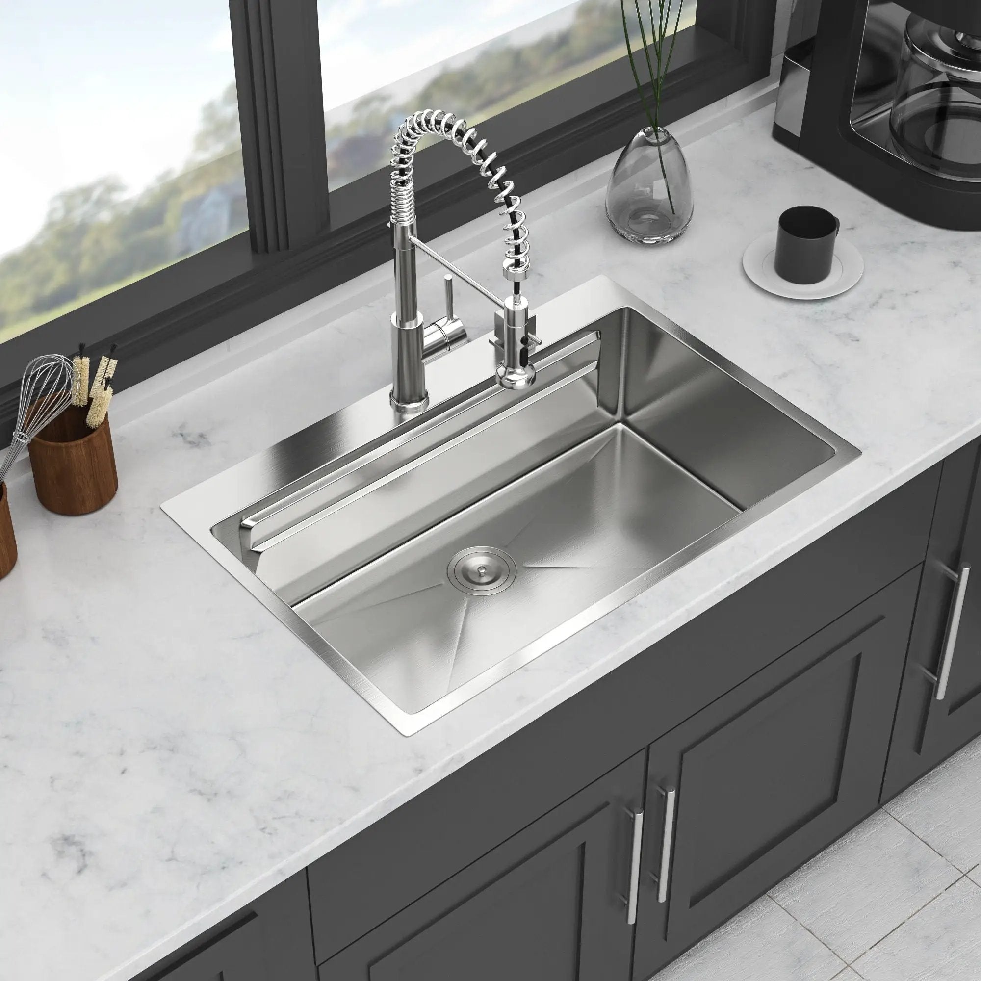 33" Drop In Kitchen Sink Single Bowl 16 Gauge Stainless Steel Ledge Workstation - Black by HouseOfZazla