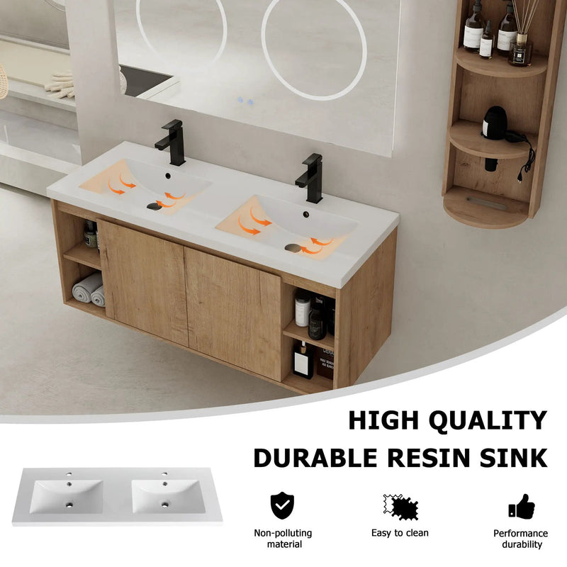 Modern 48" Wall Mounted Bathroom Vanity With Double Resin Sink And Storage Rack Soft Close Doors - Imitative Oak by HouseOfZazla