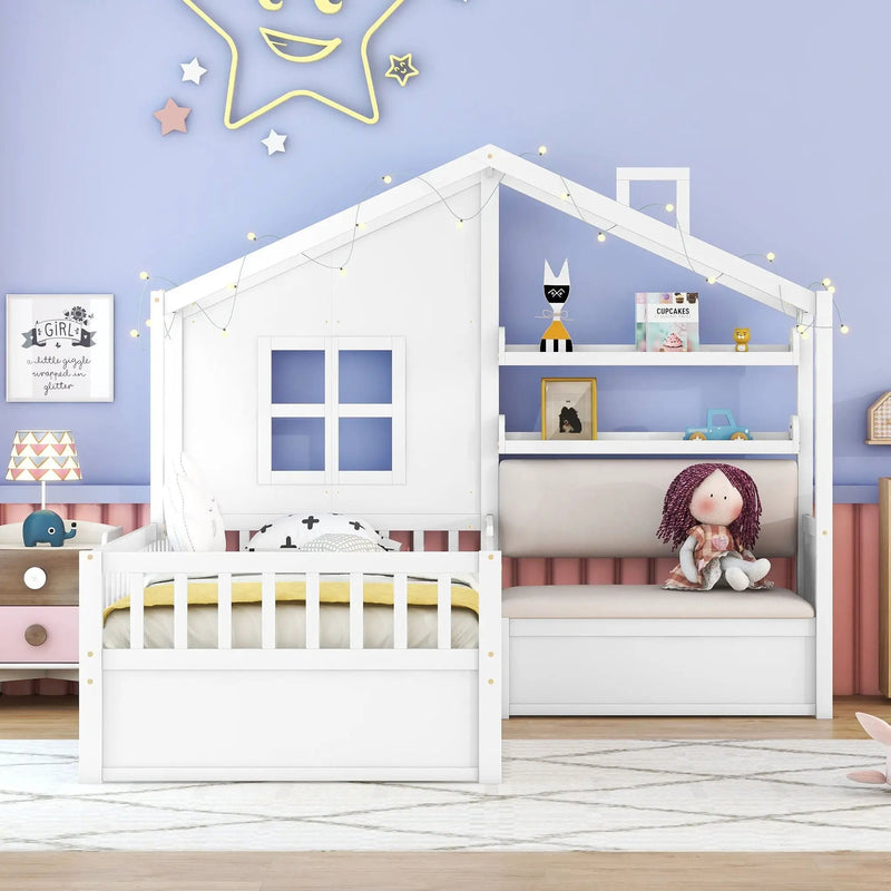 House Bed With Sofa, Kids Platform Bed With 2 Drawers And Storage Shelf by HouseOfZazla