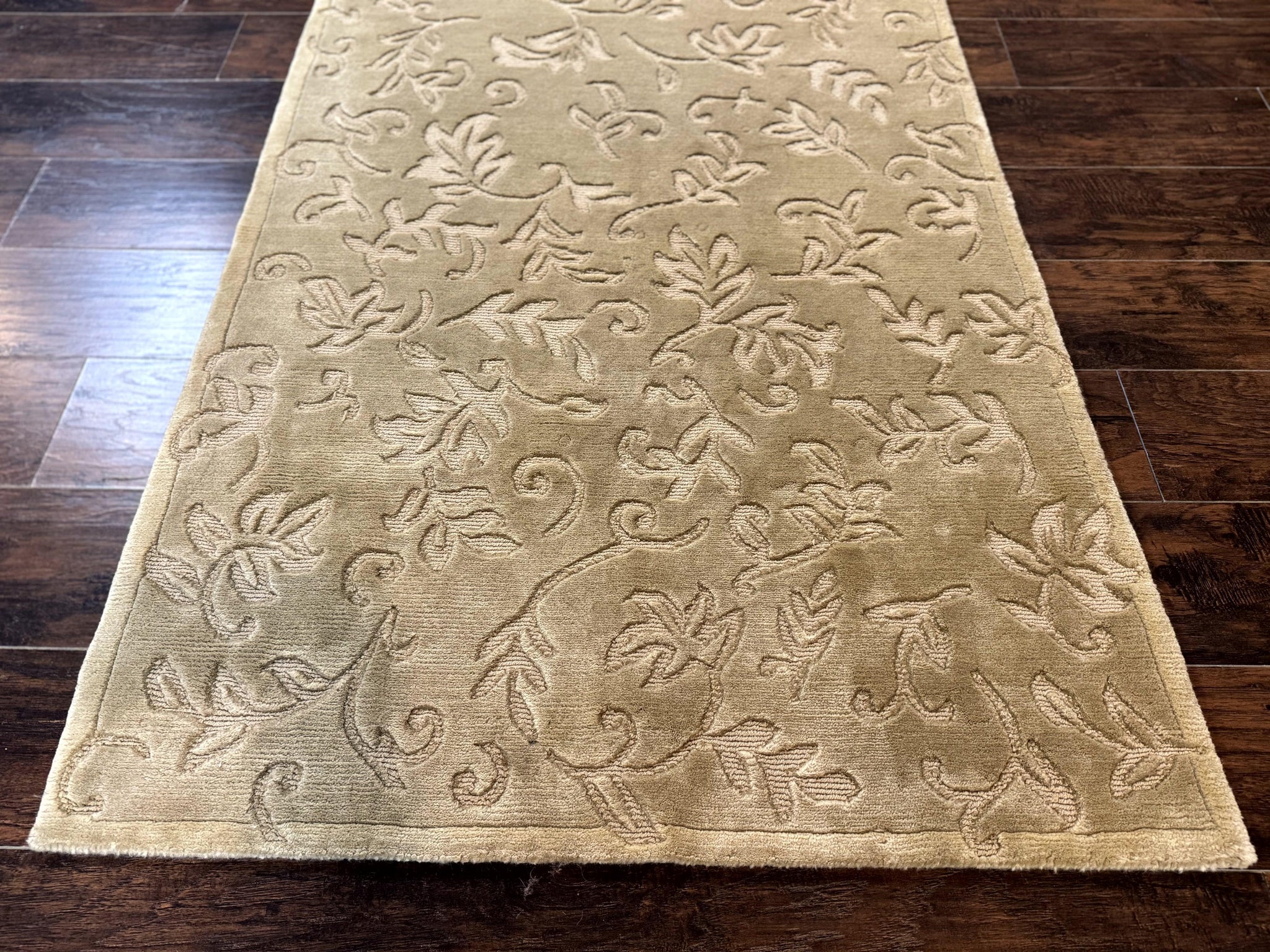 Modern Tibetan Rug 3.7 x 5.5, Carved Floral Design, Wool and Silk Highlights by Jewel Rugs