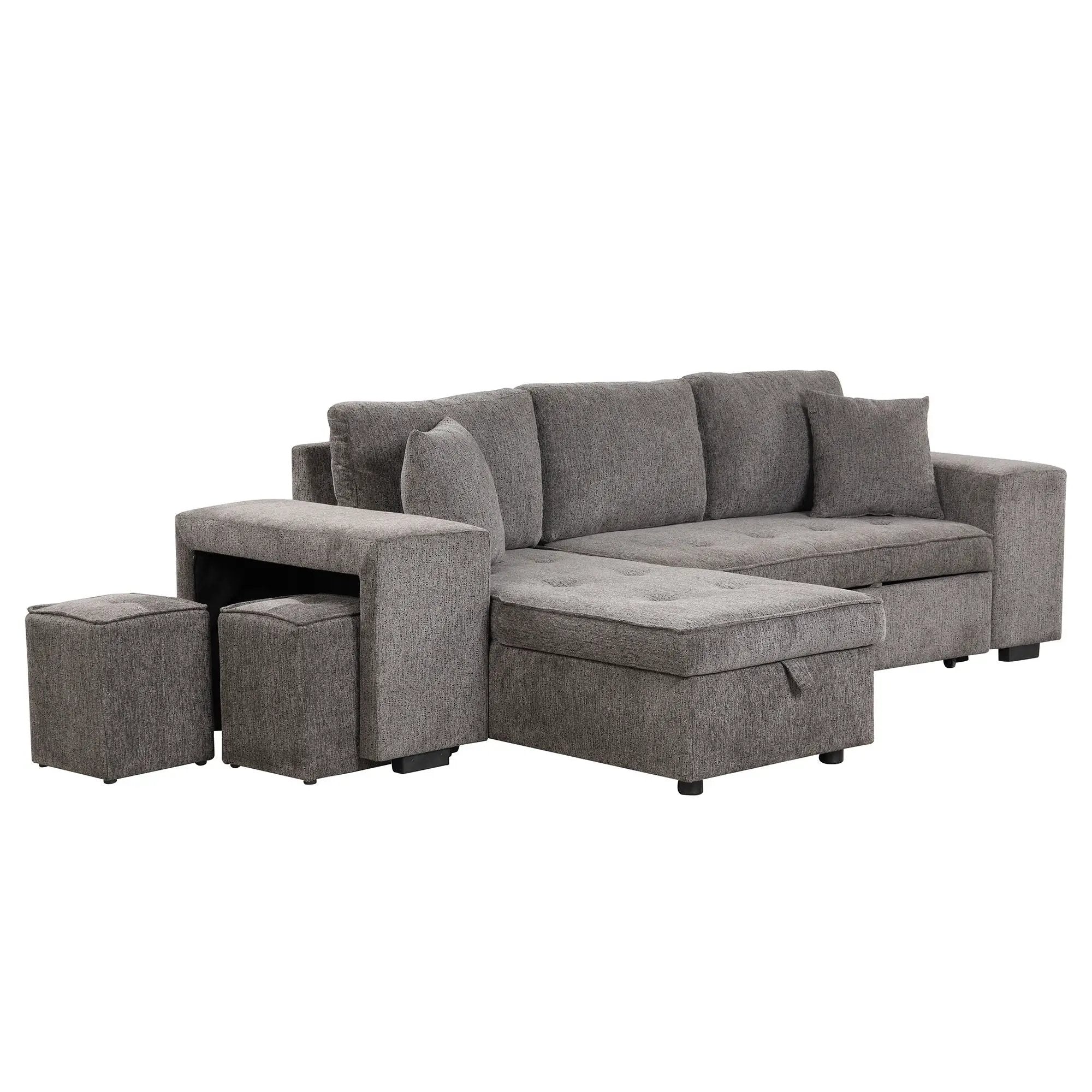 Modern L-Shape 3 Seat Reversible Sectional Couch, Pull Out Sleeper Sofa With Storage Chaise And 2 Stools For Living Room Furniture Set by HouseOfZazla