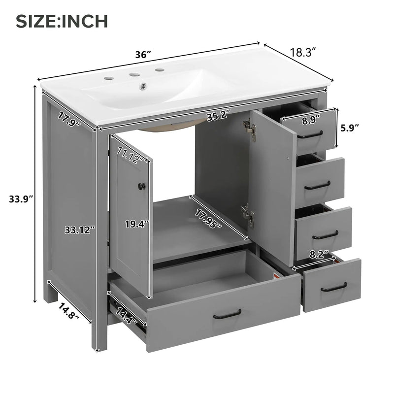 36" Gray Bathroom Vanity with Ceramic Sink Combo by HouseOfZazla