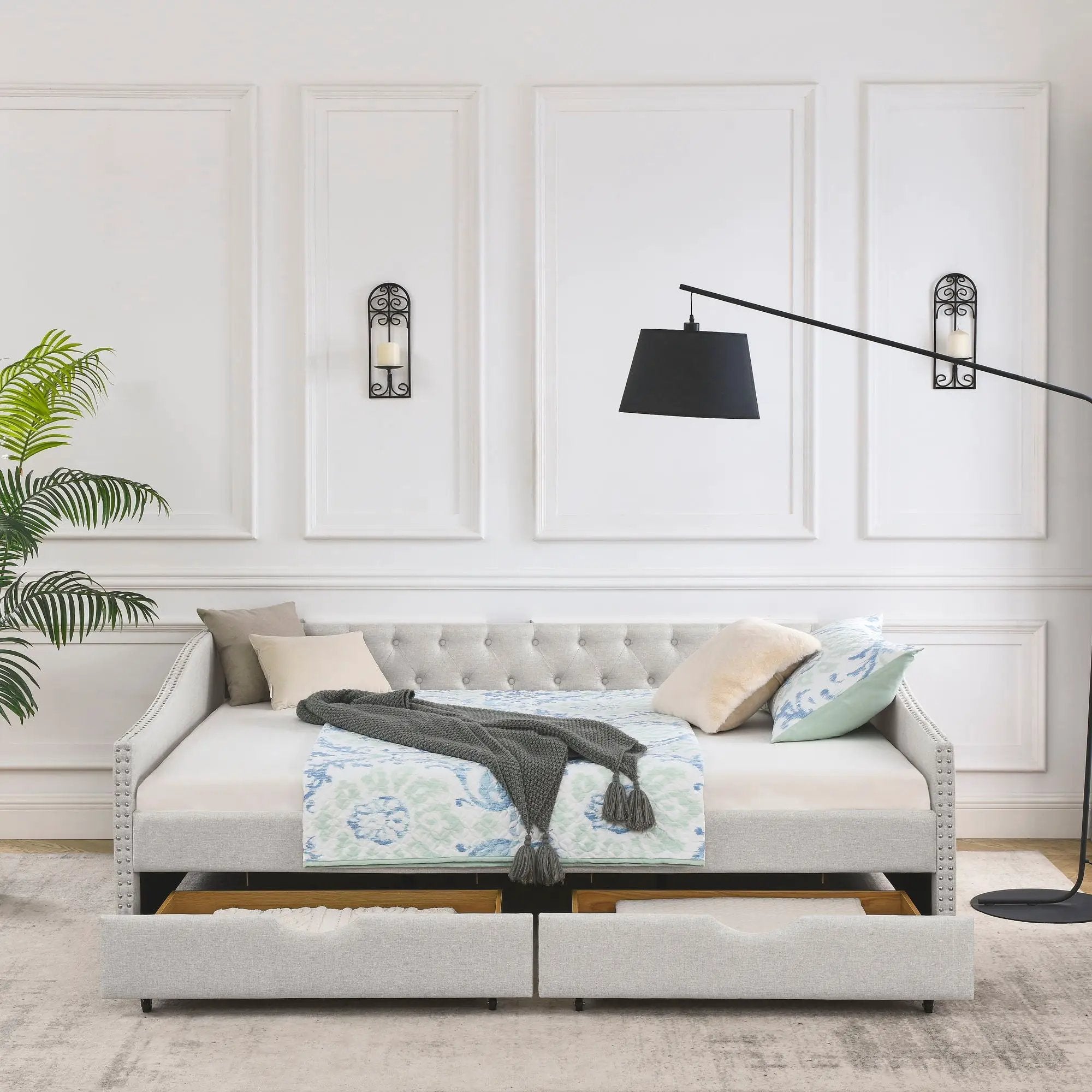 Upholstered Tufted Daybed With Drawers, Waved Arms by Unique Piece Furniture