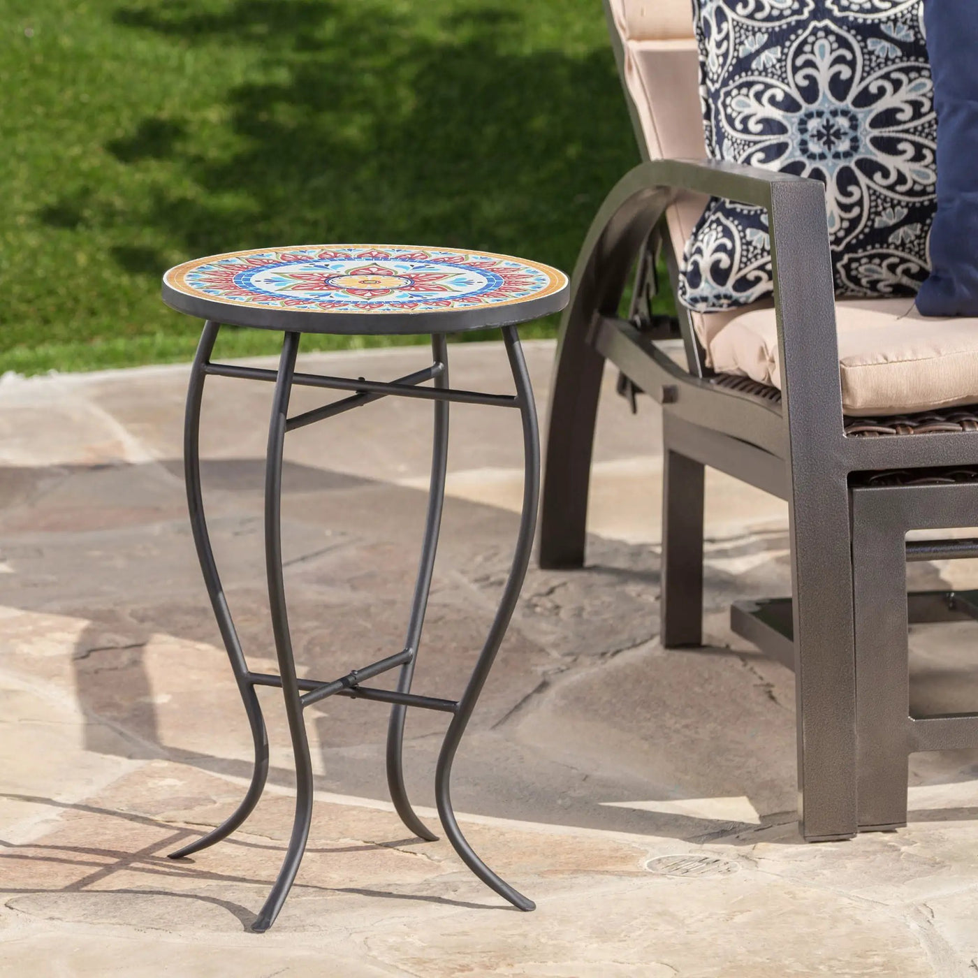 Outdoor Round Side Table With Mosaic Style Top And Curved Iron Legs by HouseOfZazla