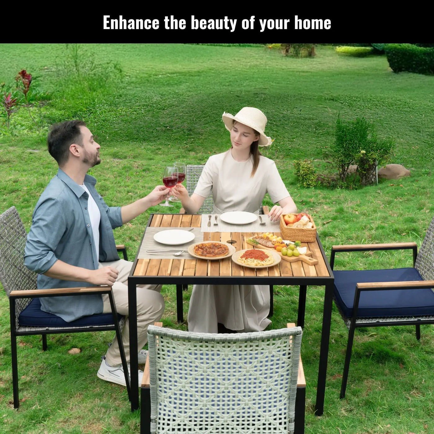 5 Piece Patio Dining Table Set, Acacia Wood Table Top With Umbrella Hole by HouseOfZazla