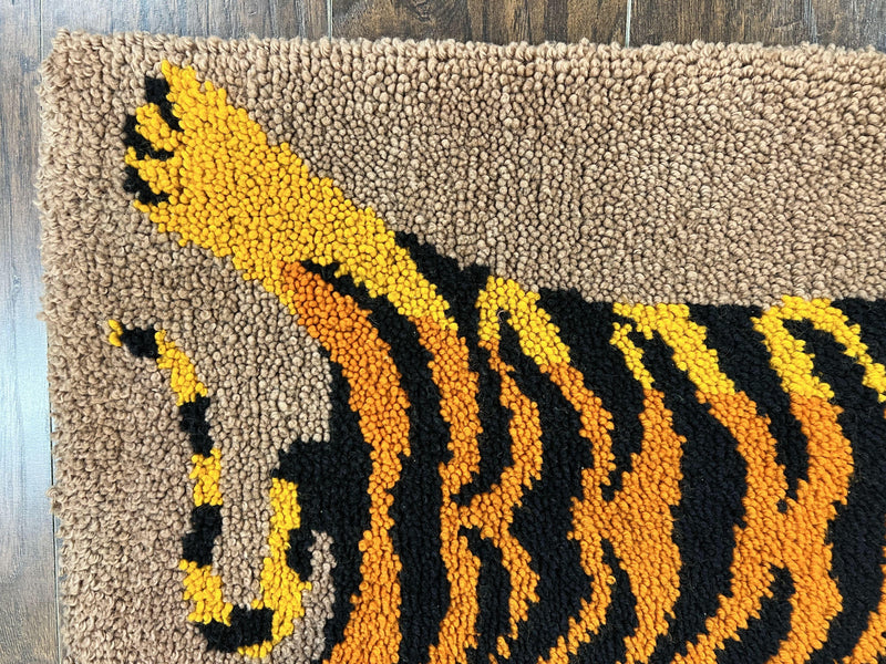 Small Hooked Rug 2x3, Tibetan Tiger Design, Wool, Unique Hooked Rug, Vintage by Jewel Rugs