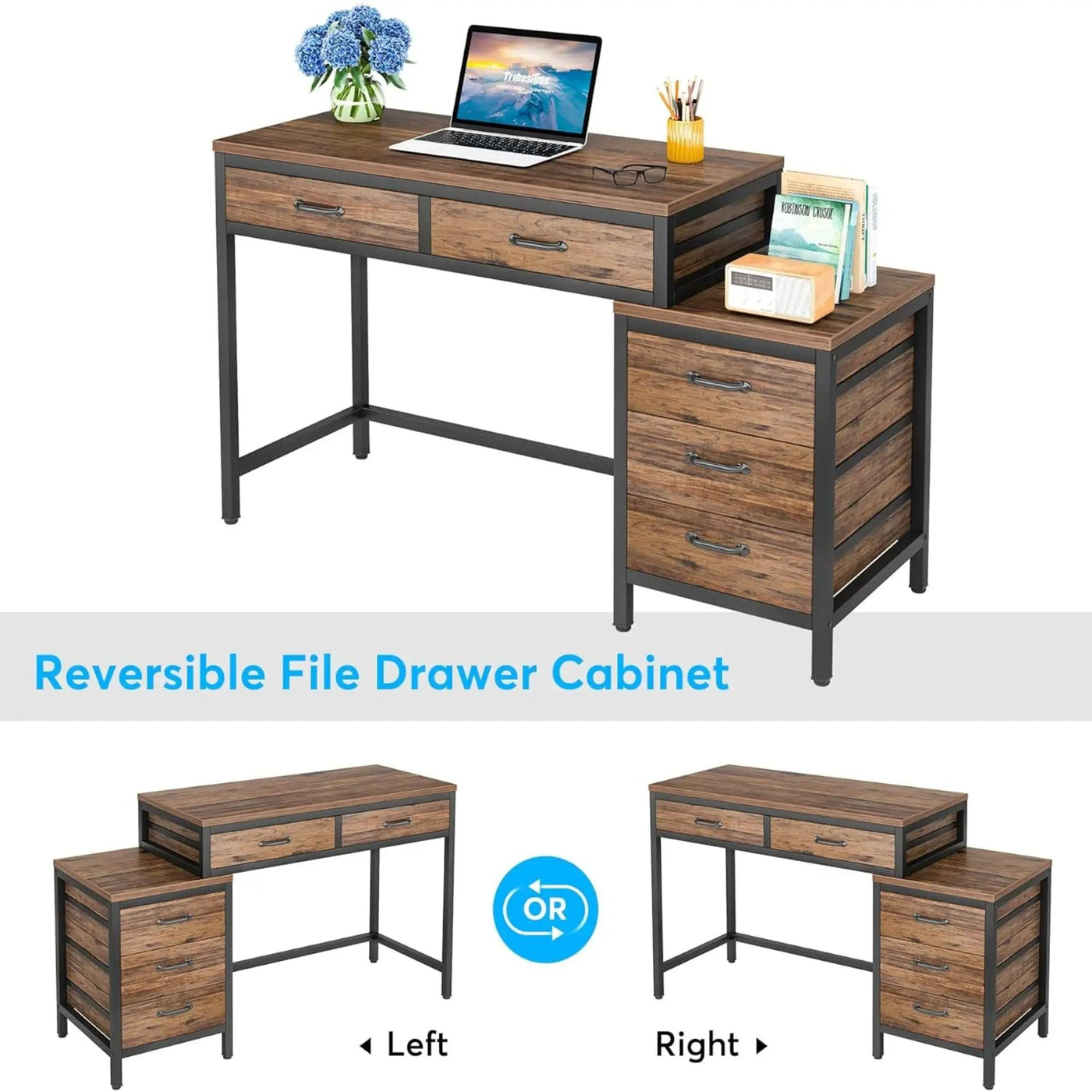 Computer Desk With Reversible 5 Drawer Storage, Frame Writing Table For Small Spaces by HouseOfZazla