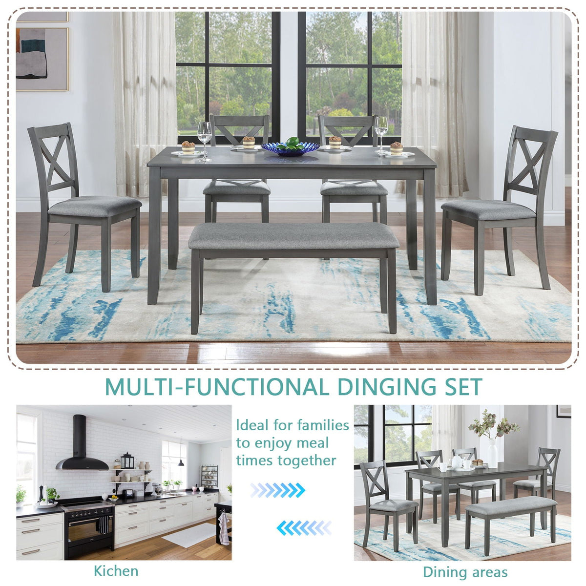 6 Piece Wooden Dining Table Set with Upholstered Chairs and Bench - Dark Gray or Dark Brown, photo 20 of 21