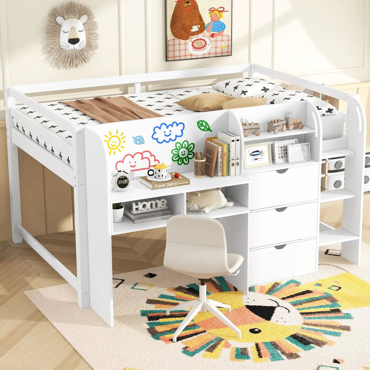 Low Loft Bed With Built In Desk, Storage Cabinets, Open Bookcase And Doodle board by HouseOfZazla