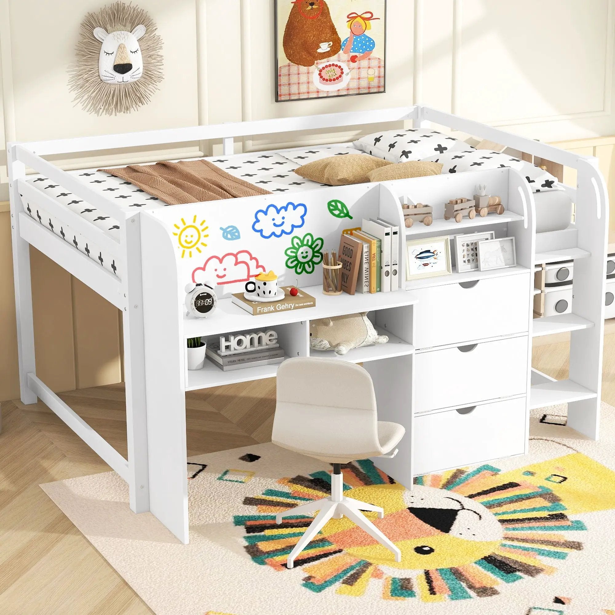 Low Loft Bed With Built In Desk, Storage Cabinets, Open Bookcase And Doodle board by Unique Piece Furniture