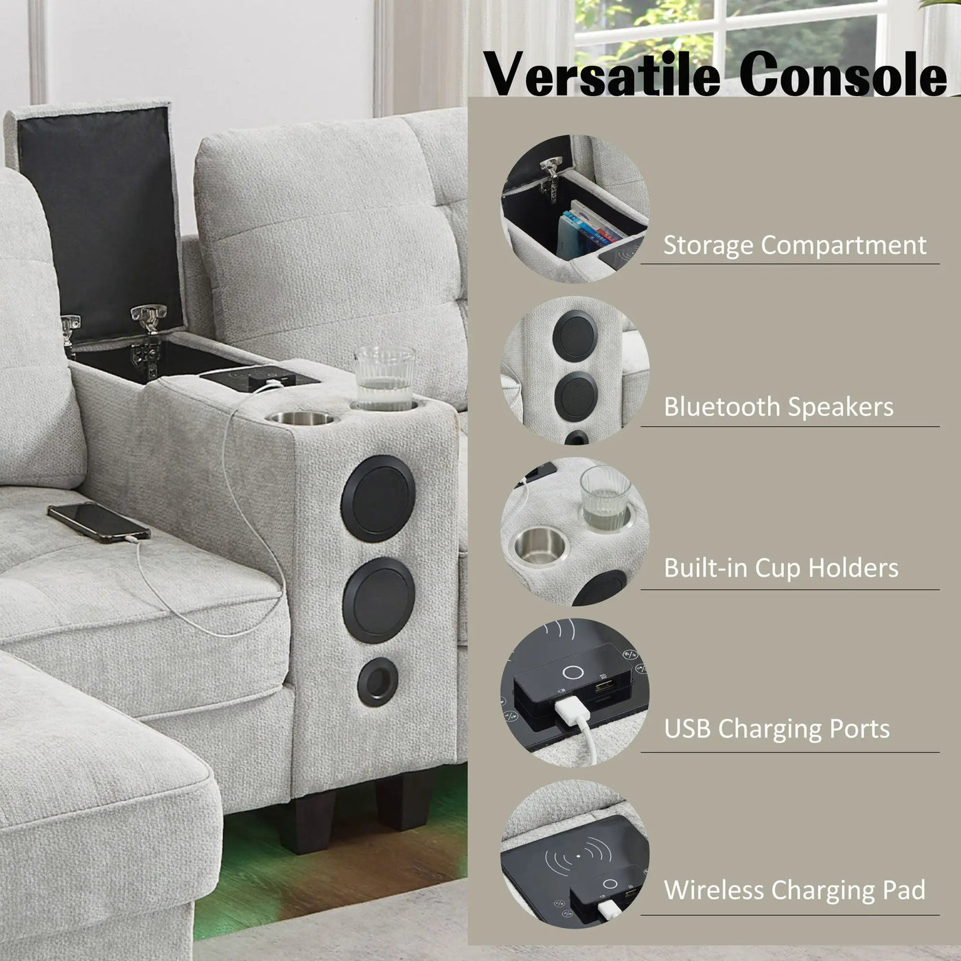 Modern Sectional Sofa U-Shaped With Movable Ottomans, tooth Speakers, LED Lights And Modular Storage by Unique Piece Furniture