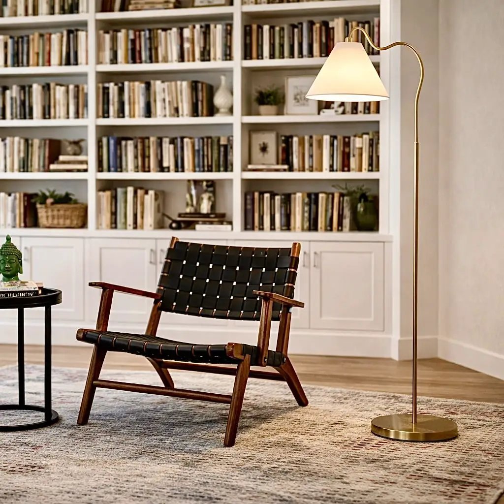 Majestic - Ring Base Curved Floor Lamp With Triangle Drum Shade - Gold / White by Unique Piece Furniture
