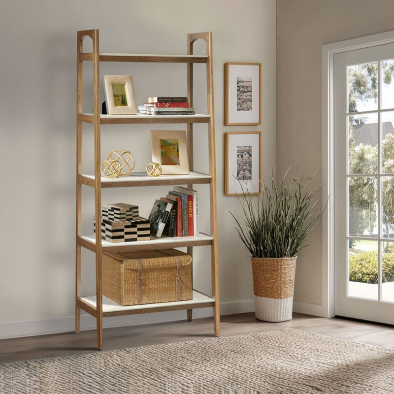Off White & Natural Ladder Bookcase with 5 Shelves - Solid Wood Frame, photo 8 of 9