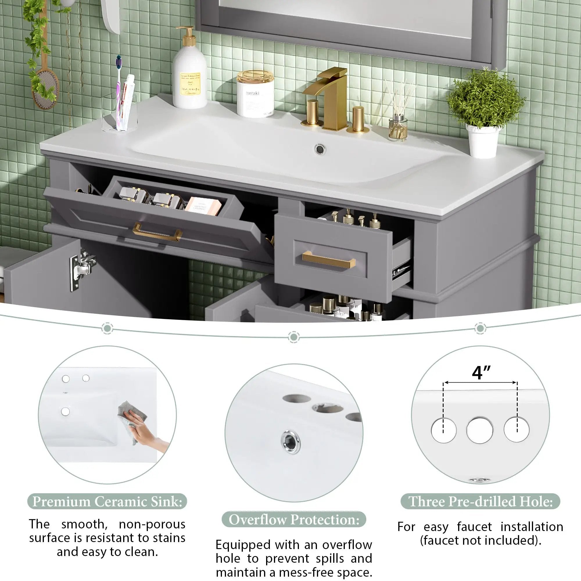 36" Gray Modern Bathroom Vanity with Ceramic Sink by HouseOfZazla