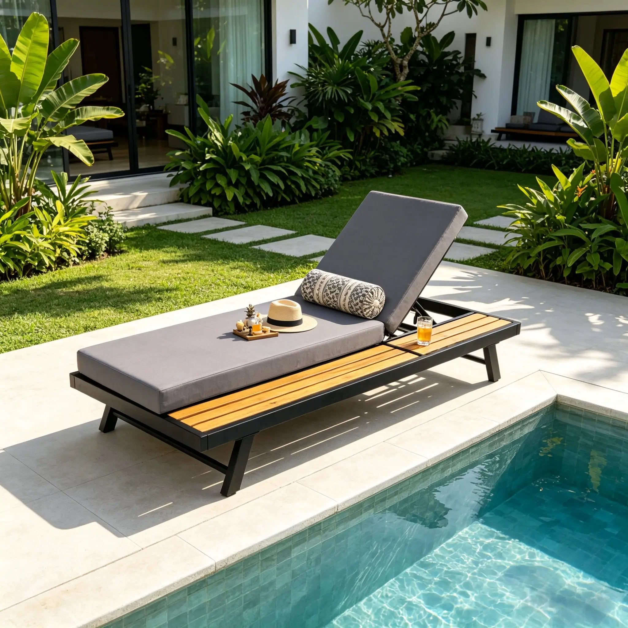 Black Iron + Teak Finish Chaise Lounge Set with Dark Grey Cushion by HouseOfZazla