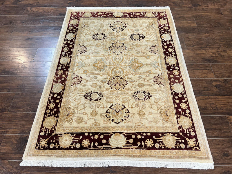 Peshawar Rug 5x7, Beige and Maroon, Vintage Handmade Wool Traditional Carpet 5 x 7 ft, Pakistani Rug, Agra Pattern, Very Fine 260 KPSI by Jewel Rugs