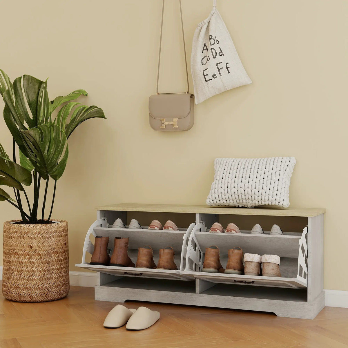 Shoe Storage Bench with 2 Flip Drawers and Adjustable Shelf - Antique by HouseOfZazla