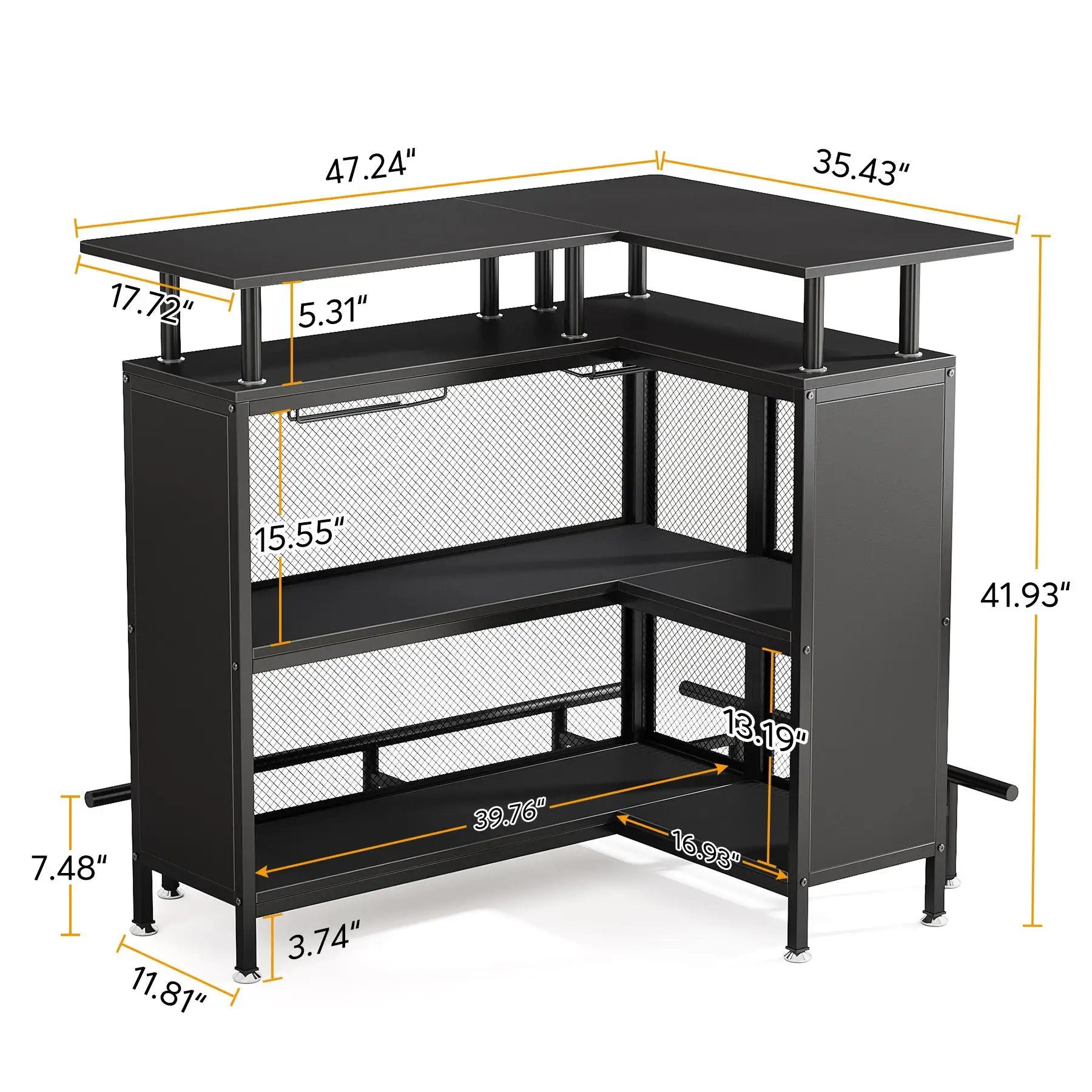L Shaped Home Mini Bar Table With 2 Tier Shelves & Glass Racks - Black by HouseOfZazla