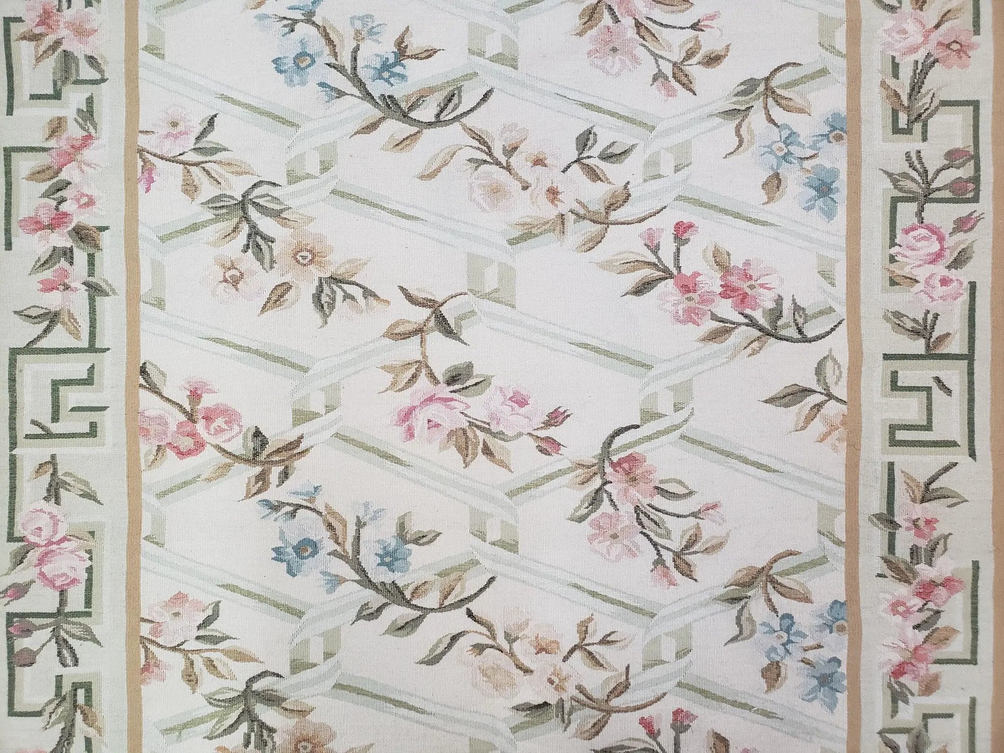 Vintage Aubusson Area Rug, Aubusson Flat weave Carpet, Floral Geometric Pattern, Beige Teal Green, 4x6 Rug, European Design by Jewel Rugs