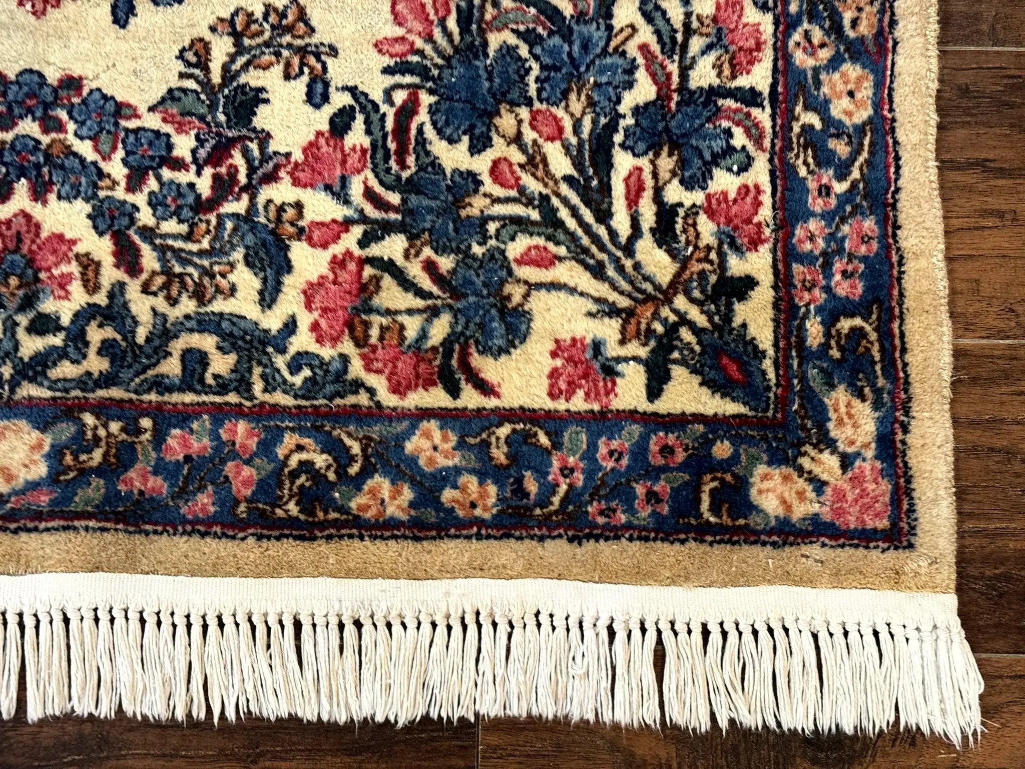 Square Persian Kerman Rug 4x4, Ivory Blue Pink, Handmade, Fine 225 KPSI by Jewel Rugs