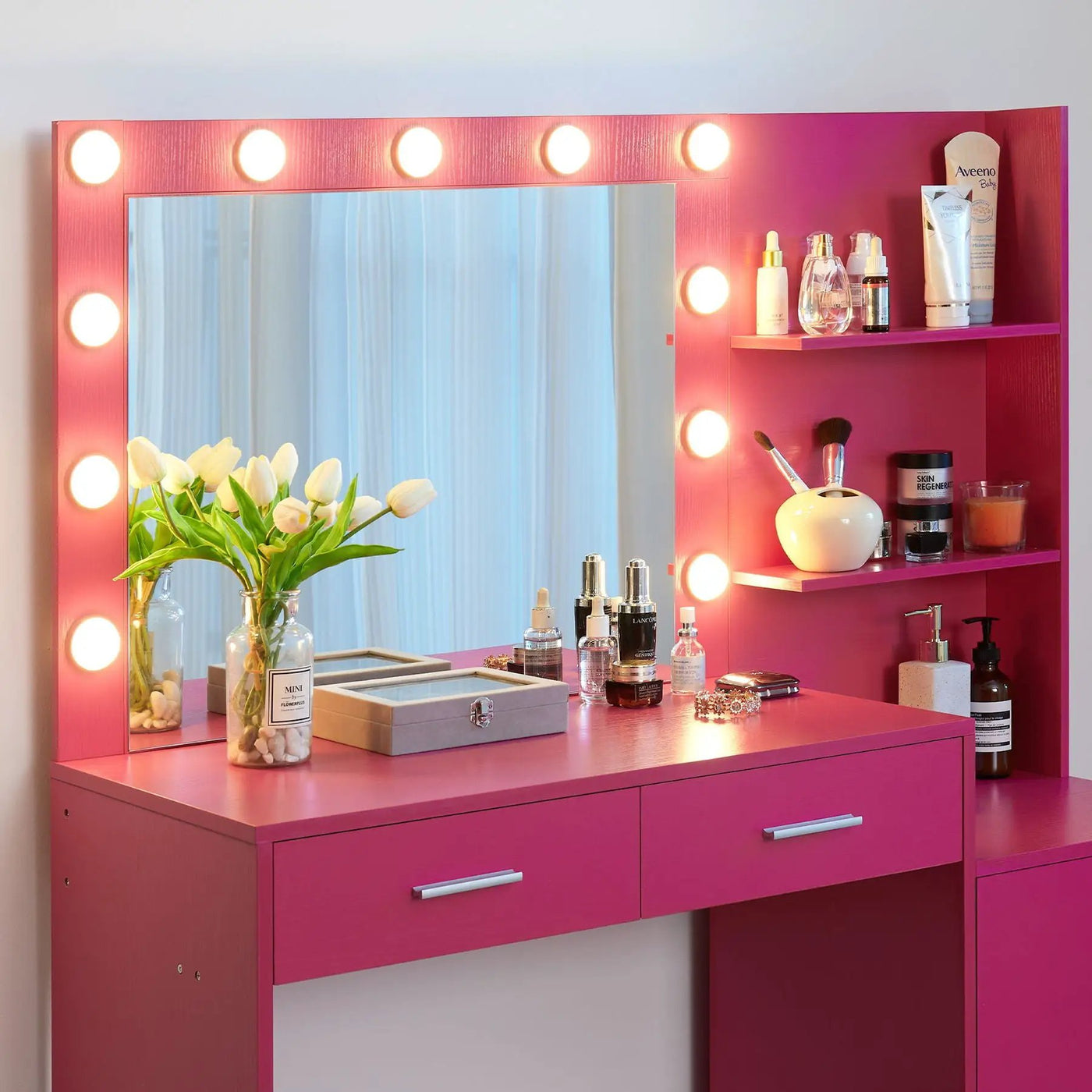 Vanity Desk With Mirror And Lights, 46.4In Dressing Table With 2 Large Drawer & Large Vertical Organizer, 3 Level Dresser & 3 Lighting Modes Adjustable Brightness, Suitable For Bedroom by Unique Piece Furniture