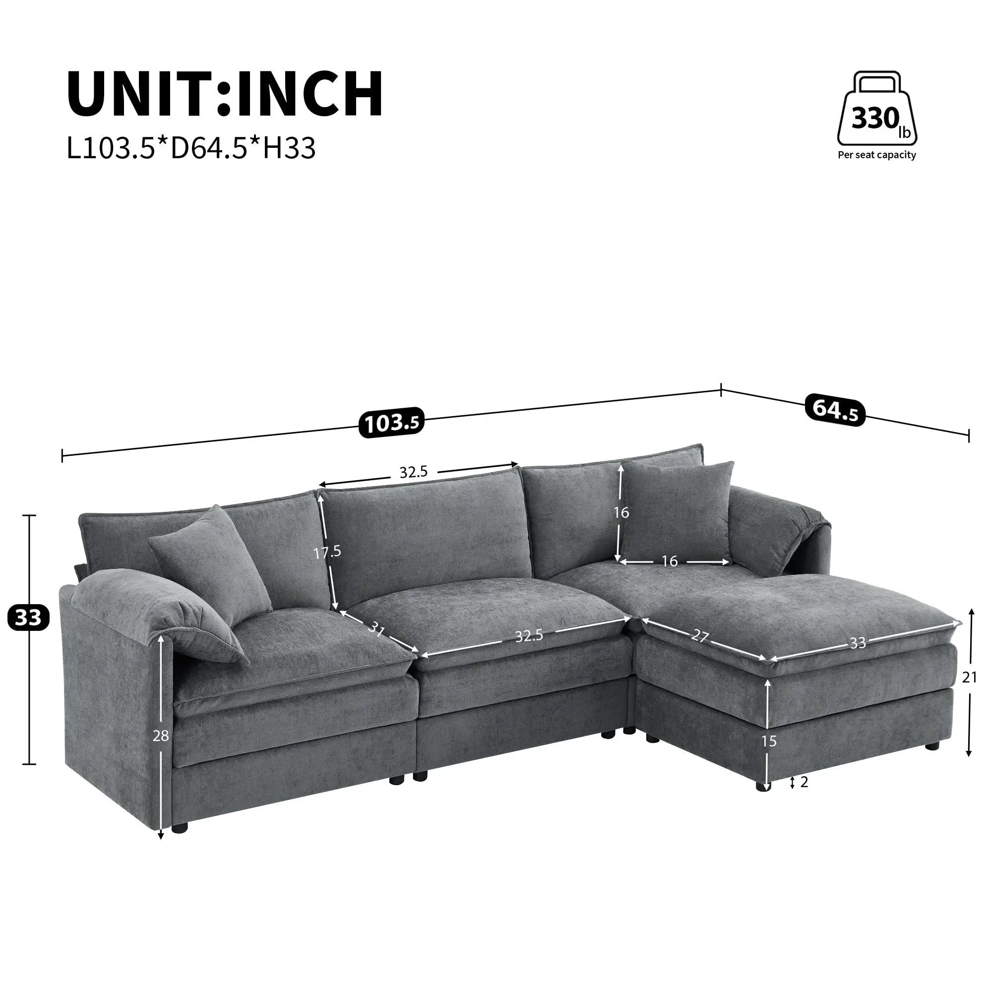 Modular Sectional With Deep And Wide Seat, Cloud Couch Set With Double Cushions Sofa With Movable Ottoman by HouseOfZazla