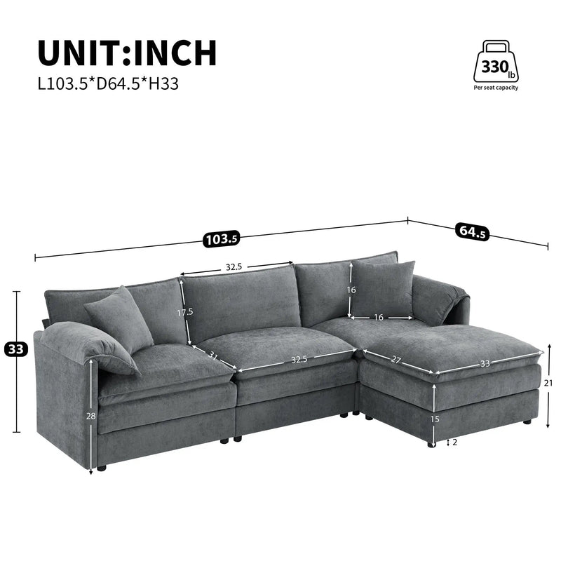 Modular Sectional With Deep And Wide Seat, Cloud Couch Set With Double Cushions Sofa With Movable Ottoman by HouseOfZazla