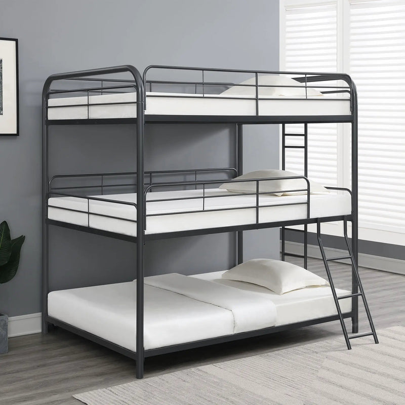 Triple Bunk Bed, Full Size With Sturdy Metal Frame And Safe Stairs - Black by HouseOfZazla