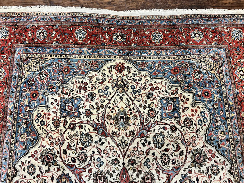 Persian Sarouk Rug 8x12, Wool Hand Knotted Antique Carpet, Floral Medallion, Cream Red, Traditional Oriental Rug by Jewel Rugs