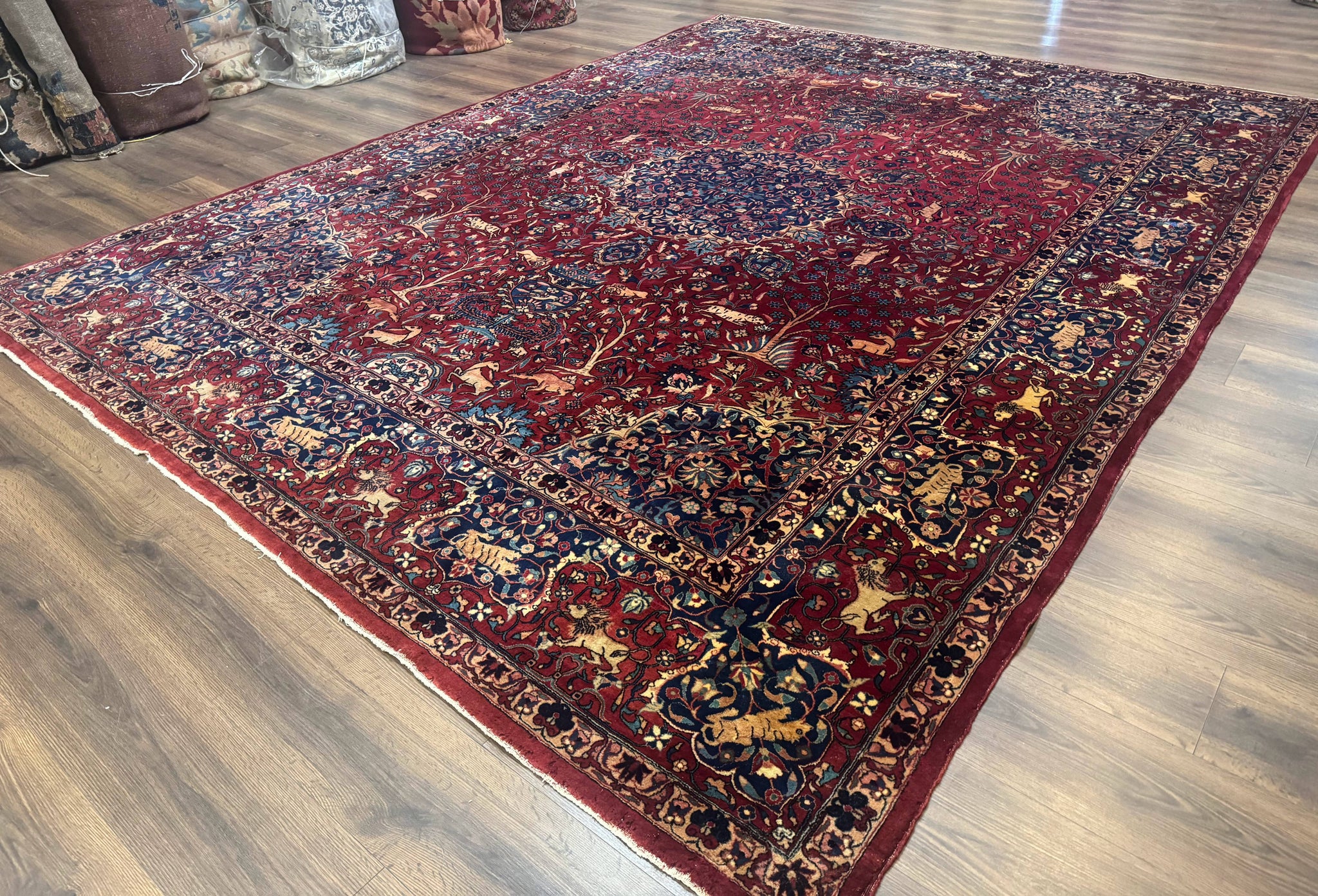 Antique Indo Persian Kerman Rug 9x12 Red Manchester Wool Animal Pictorials, Fine 290 KPSI by Jewel Rugs