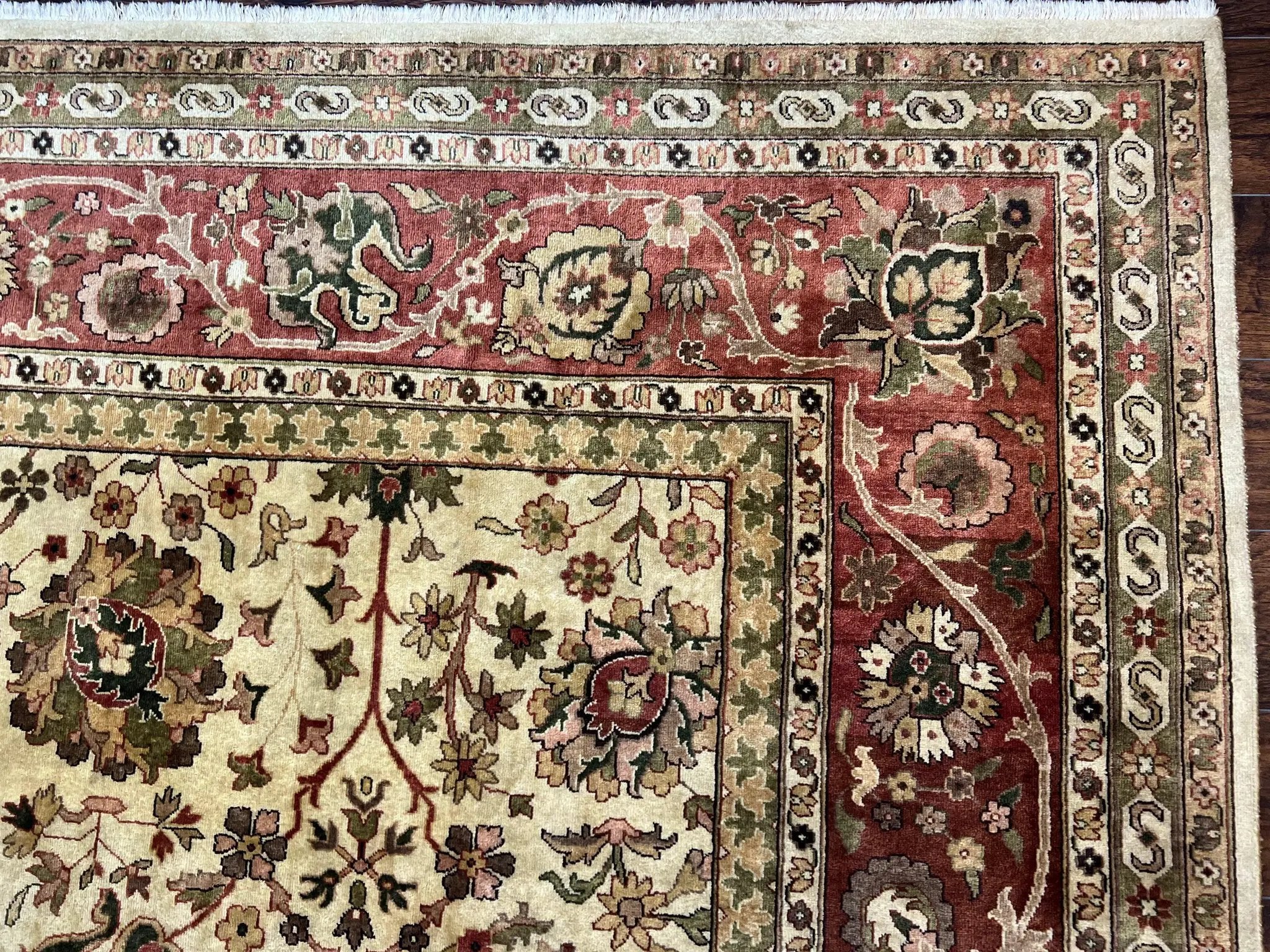 Large Indian Rug 10x14, Hand Knotted Indo Persian Gandehar Oriental Carpet, Vintage Wool Rug 10 x 14 ft Cream Red Floral Allover Traditional by Jewel Rugs